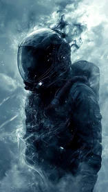 Ethereal astronaut dissolving into luminous nebular smoke.