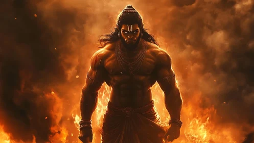 Blazing warrior strides from molten smoke with divine calm