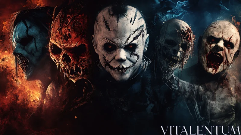 Row of demonic masked figures stands in fiery and smoky haze