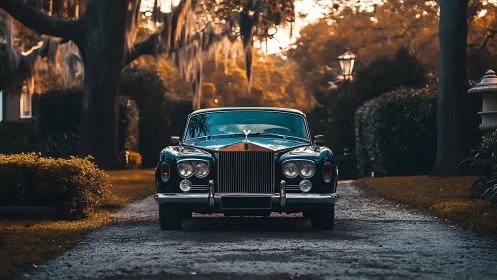 Vintage luxury sedan framed by cinematic golden-hour driveway.