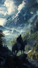 Lone rider surveys stormlit valley beneath colossal peaks.