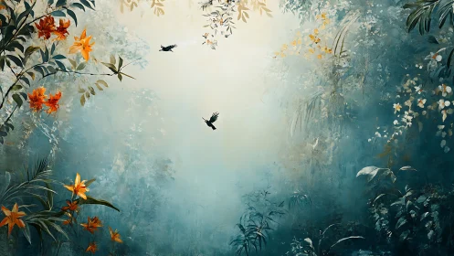 Misty jungle canopy frames birds in glowing morning light
