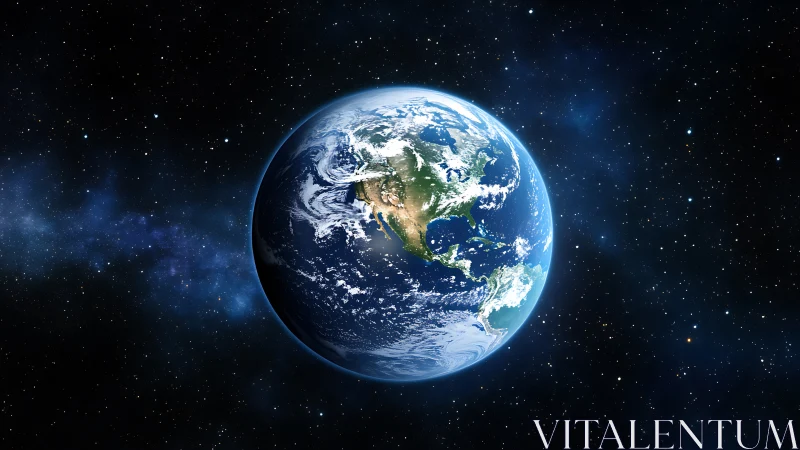 Planet Earth is rendered in space with visible cloud systems