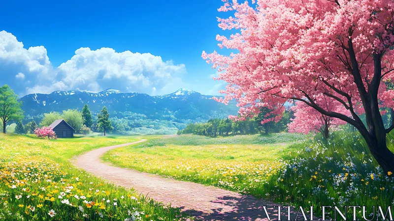 Springtime path curling beneath booming pink cherry skies.