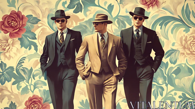 Stylish suited men stride confidently before floral backdrop