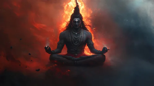 Fiery meditative deity seated in cosmic stillness of flame.