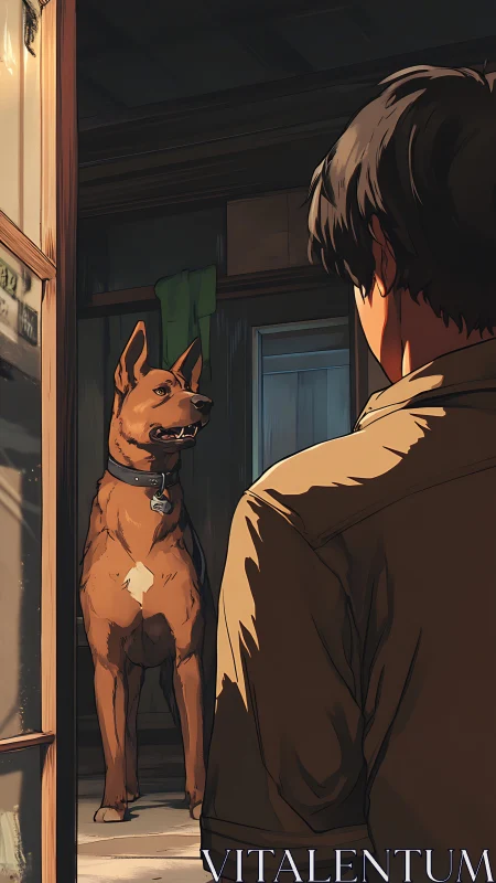 Quiet doorway moment where a loyal dog meets its person