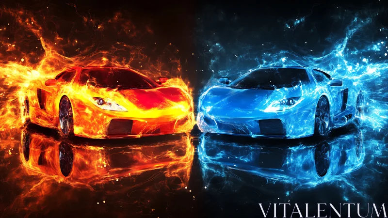 Fire and ice supercars collide in mirrored neon blaze.