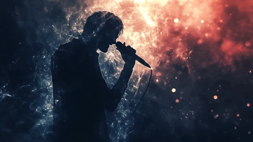 Silhouetted vocalist in nebular lightfield with dynamic bokeh field.