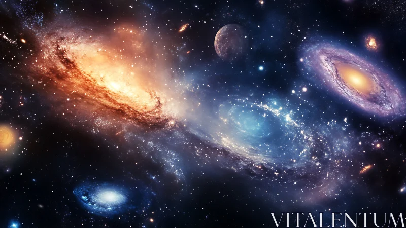 Multiple spiral galaxies are rendered in a dense starfield