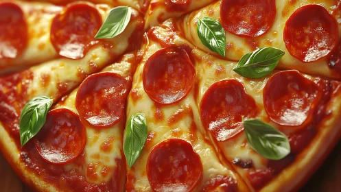 Gourmet pepperoni pizza with basil leaves in glossy closeup.