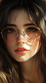 Sunlit portrait of girl with round glasses and soft shadows.