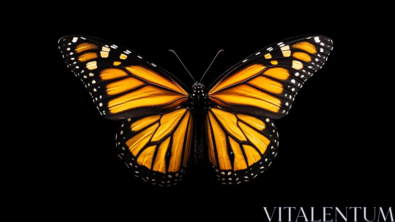Monarch butterfly wings glow against deep black background.