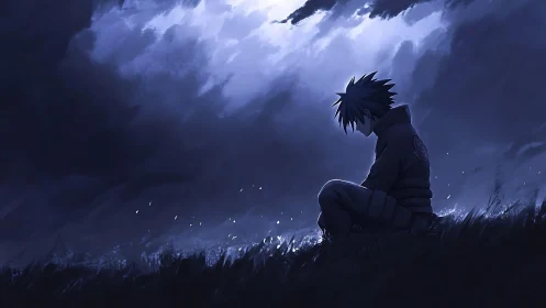 Lone anime wanderer broods beneath a stormlit midnight sky.
