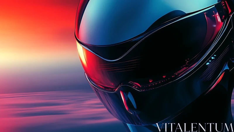 Futuristic visor helmet with neon reflections at sunset.
