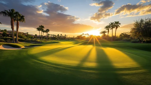 Sunlit golf green with palm trees under dramatic sunset sky