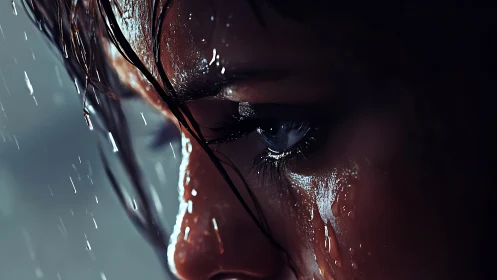 Rain-soaked resolve glinting in a storm-litten human eye.