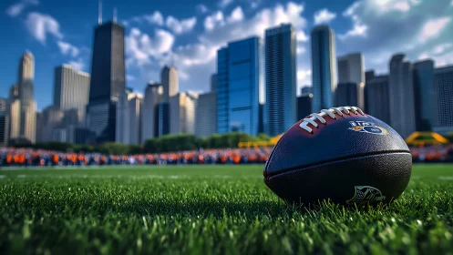 Low-angle football macro on turf with defocused urban skyline