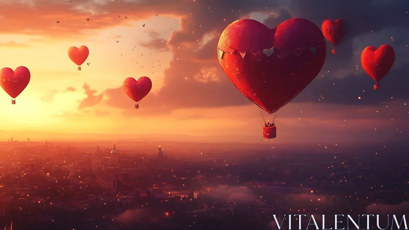 Heart-Shaped Hot Air Balloons Floating Above Glowing Sunset City