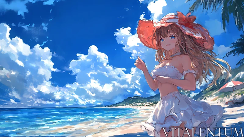 Anime girl in white dress on bright tropical beach scene.