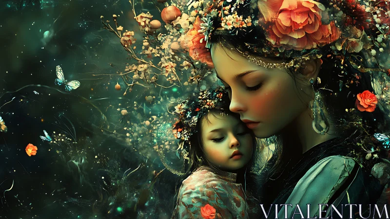 Figure and Child in Floral Botanical Composition.