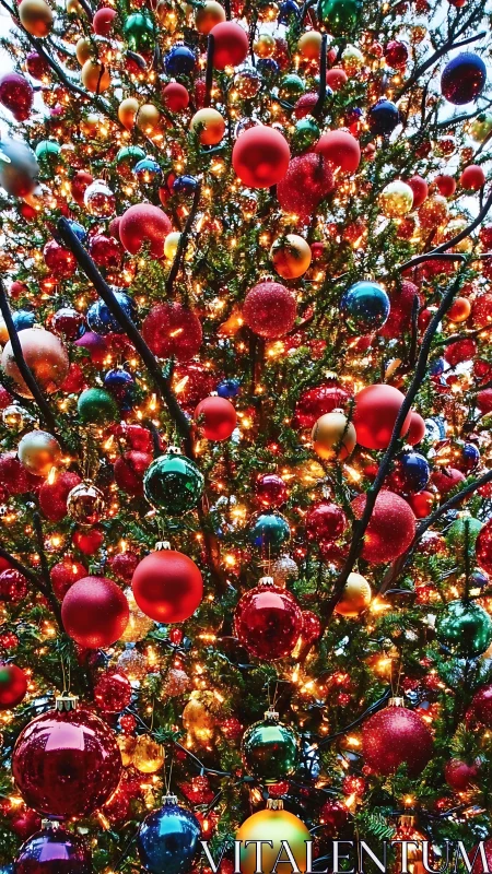 Radiant Christmas tree glows with colorful festive ornaments