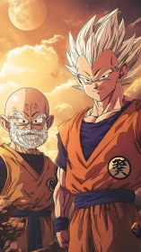 Martial duo in cel-shaded sunset anime battle pose.