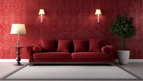 Crimson sofa stages a quiet symphony of light and texture