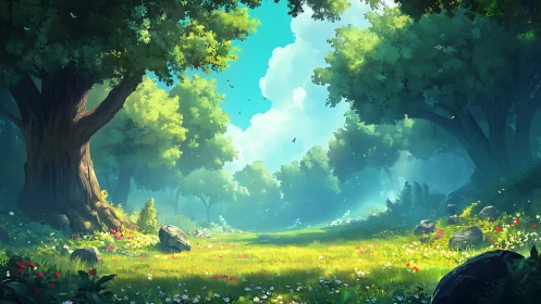 Enchanted Forest Clearing Where Light Dances Through Ancient Trees.