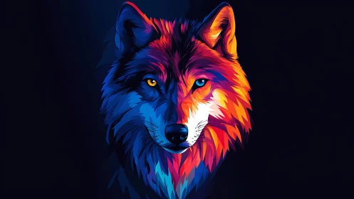 Vector pop illustration of neon chromatic wolf portrait symmetry.