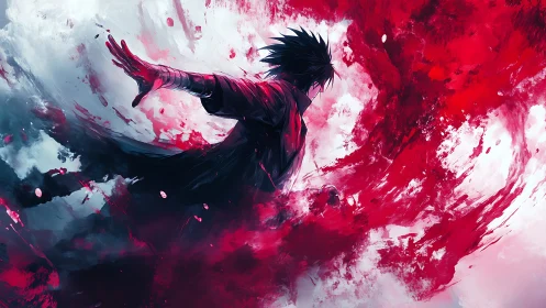 Dark haired anime figure in red and white energy storm.