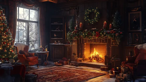 Cozy living room shows decorated fireplace and lit tree