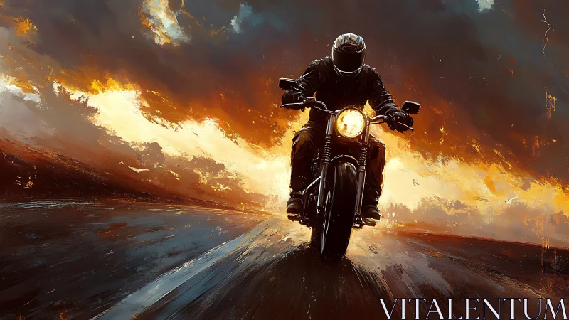 Motorcyclist rides toward viewer along wet road at sunset