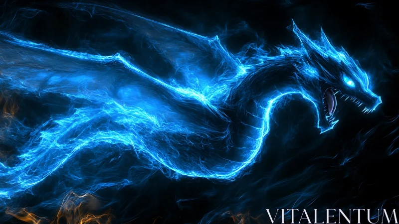 Blue energy dragon silhouette on dark abstract background.