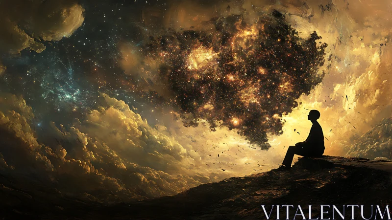 Dreamer beneath a glowing cosmic heart of swirling stars.