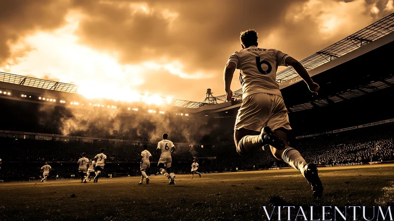 Stormlit midfielders charge toward the goal under molten sky