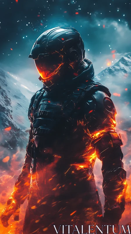 Thermal-armored astronaut amid glacial volcanic stormfield.