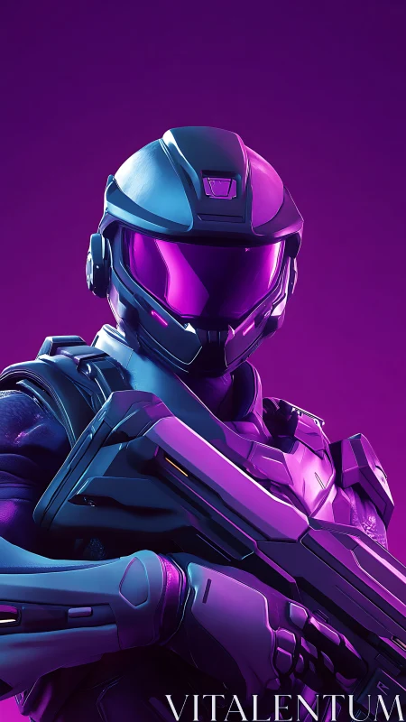 Futuristic armored soldier with rifle in purple lighting.