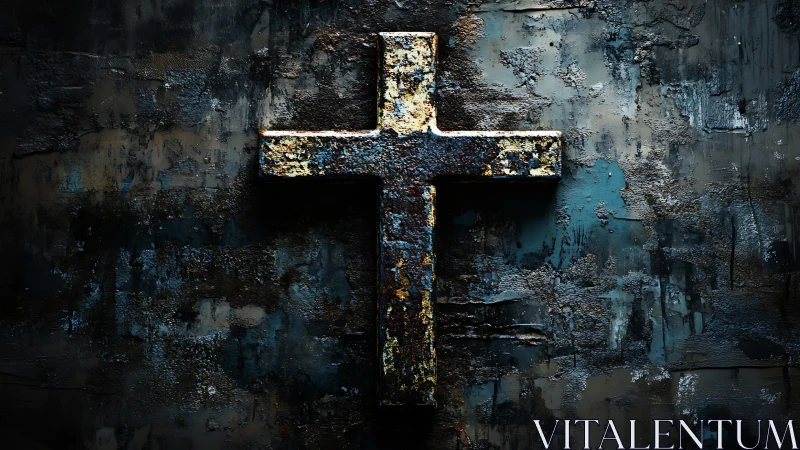 Corroded metal cross mounted on textured concrete wall surface