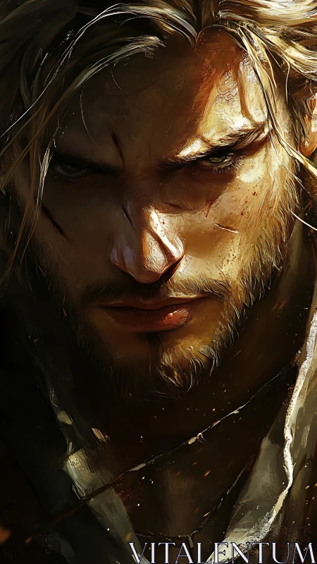 Scarred male warrior stares forward under hard directional light