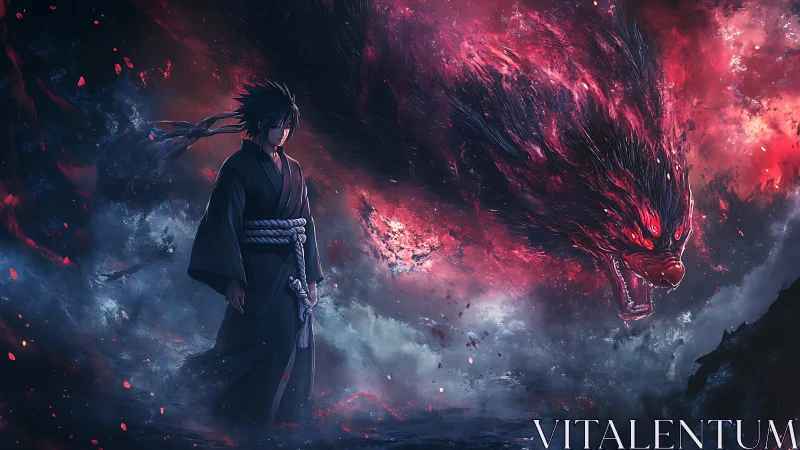 Anime warrior with spectral beast in dynamic infernal storm.