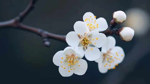 White Blossoms with Golden Stamens on Dark Branch