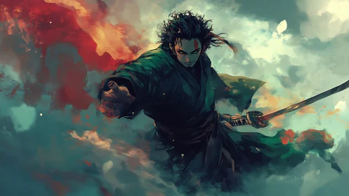 Samurai warrior lunges through swirling smoke and color