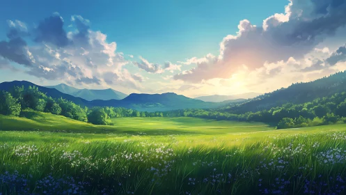 Sunlit valley meadow under expansive summer sky at dawn.