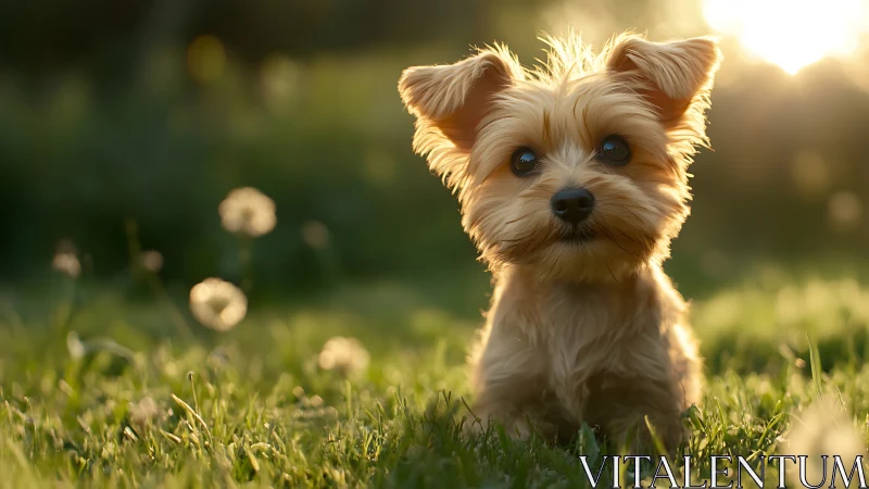 Backlit puppy portrait in shallow-depth golden-hour field.
