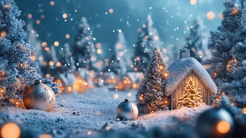 Snowy Christmas village glows with warm festive cottage lights