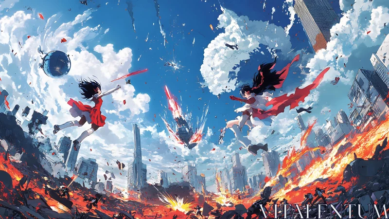 Urban skyline under aerial duel and widespread destruction.