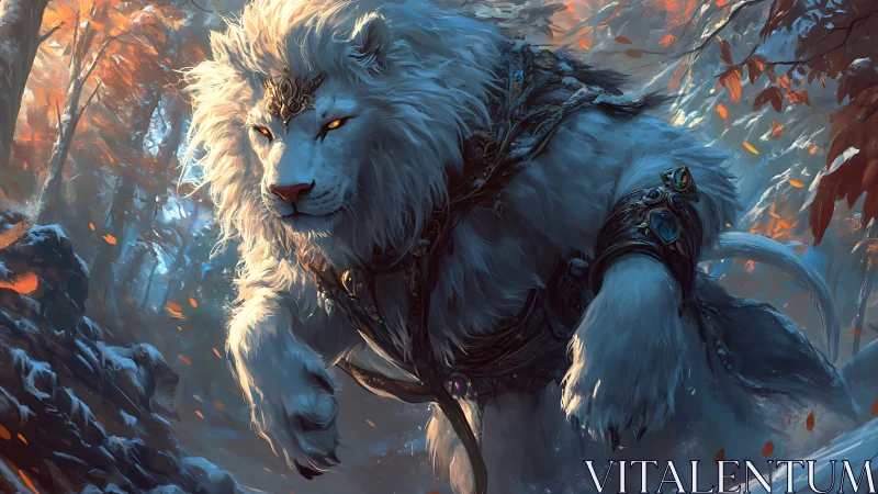 Mythic white lion prowls enchanted autumn forest