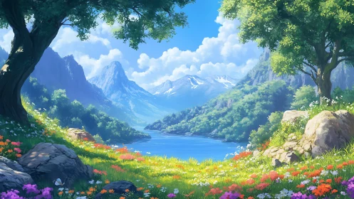 Mountain lake valley with flowering meadow and trees.