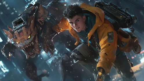 Street warrior and cyber beast charge through neon storm